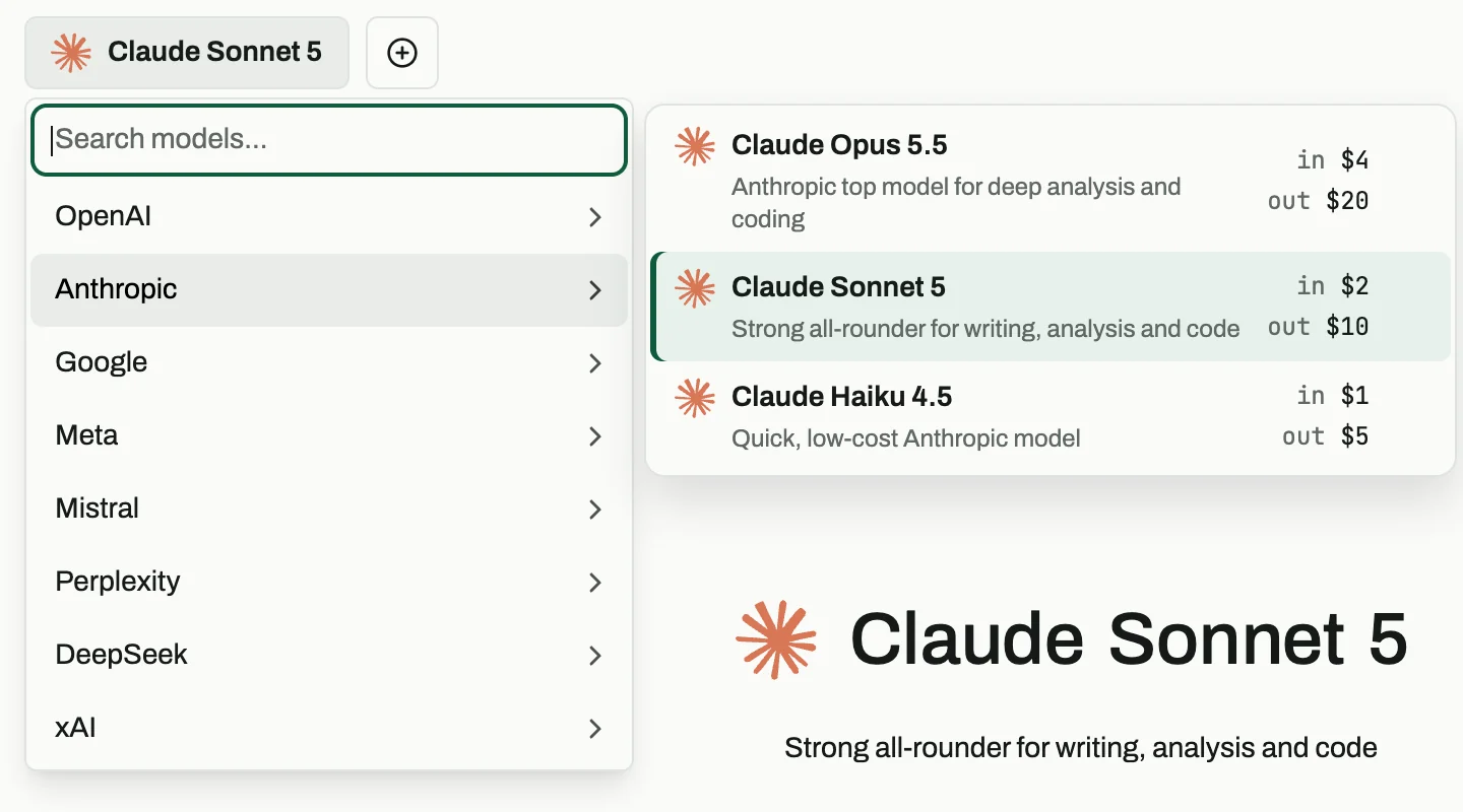 The AIHub model picker open on Anthropic, listing Claude Opus 5.5, Claude Sonnet 5 and Claude Haiku 4.5 with input and output prices