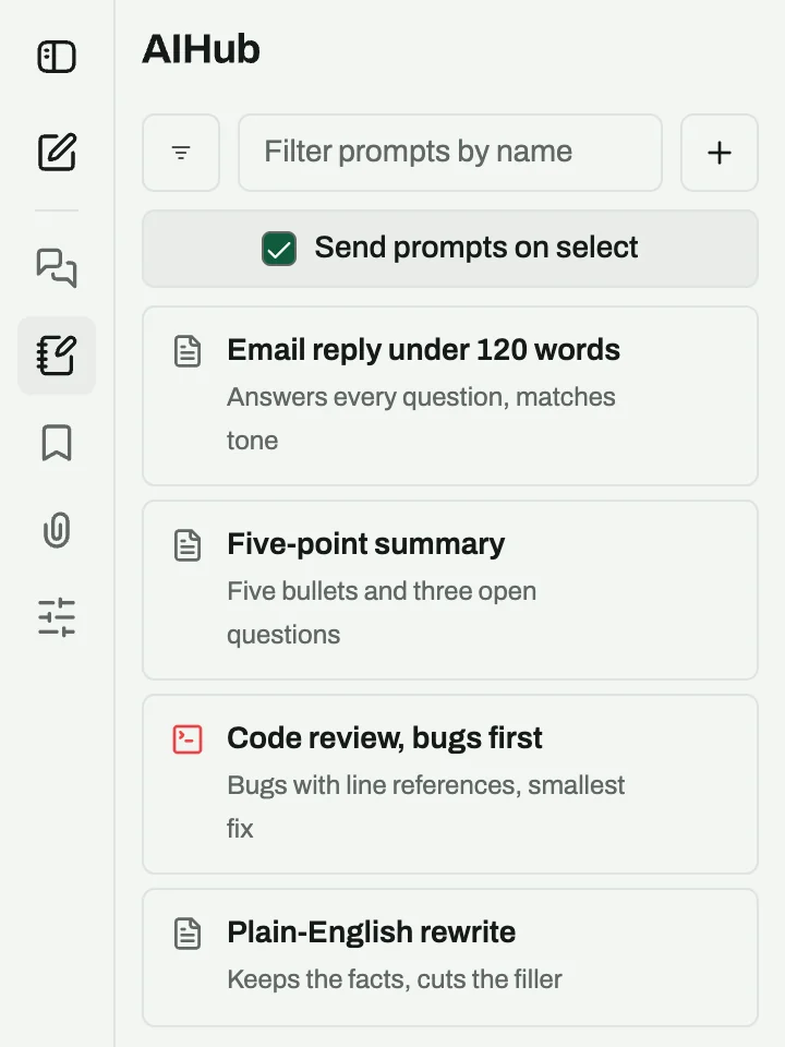 The AIHub prompt library in the sidebar with four saved prompts: an email reply, a five-point summary, a code review and a plain-English rewrite